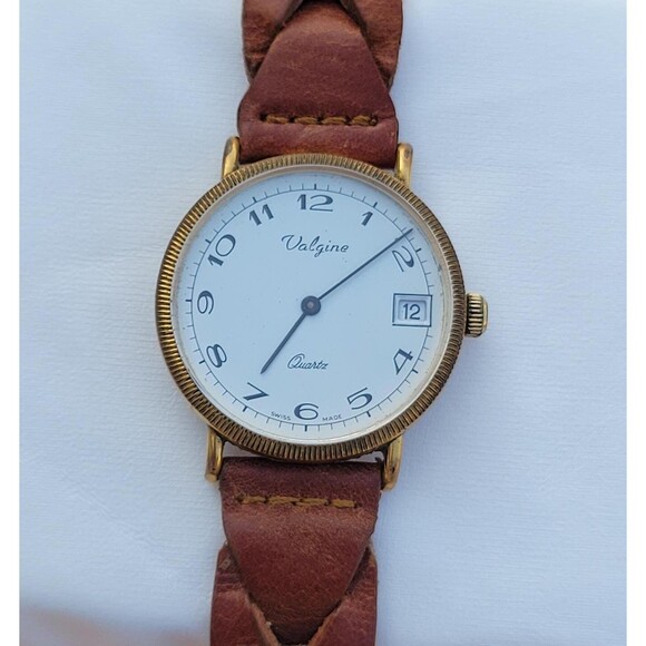 Vintage Valgines Quartz Watch Swiss Made Unisex Gold Bezel Braided Leather Strap - Picture 1 of 10